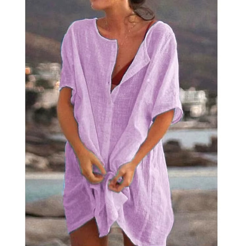 Women’s Blue Cotton Linen Oversized Shirt – Summer Short Sleeve Button Blouse, Vintage Casual Top