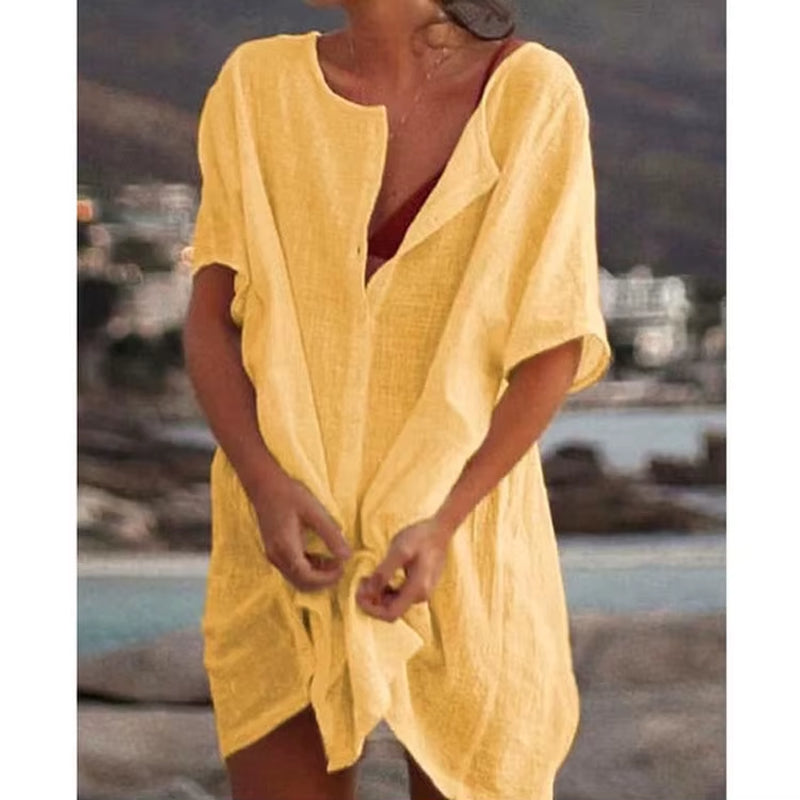 Women’s Blue Cotton Linen Oversized Shirt – Summer Short Sleeve Button Blouse, Vintage Casual Top