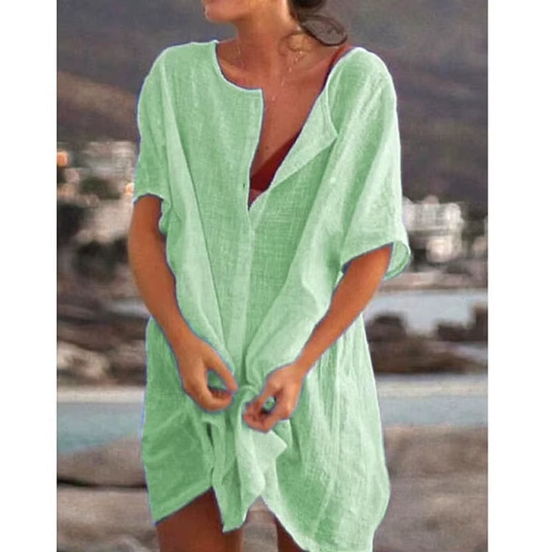 Women’s Blue Cotton Linen Oversized Shirt – Summer Short Sleeve Button Blouse, Vintage Casual Top