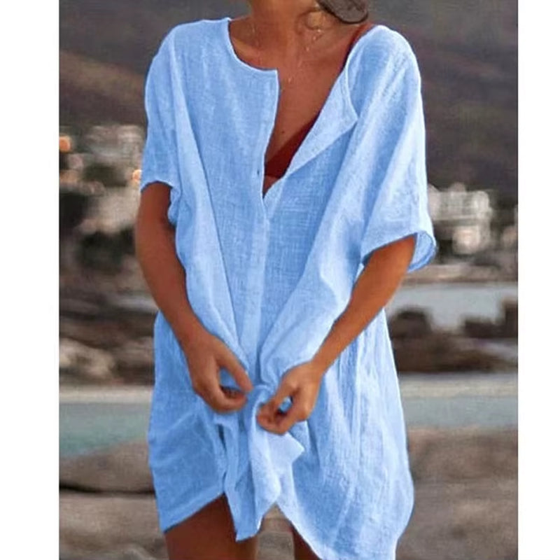 Women’s Blue Cotton Linen Oversized Shirt – Summer Short Sleeve Button Blouse, Vintage Casual Top