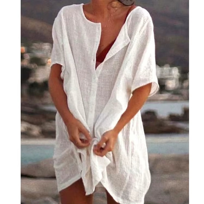 Women’s Blue Cotton Linen Oversized Shirt – Summer Short Sleeve Button Blouse, Vintage Casual Top